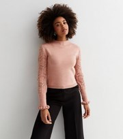 New Look Pink Knit Long Crochet Sleeve Top